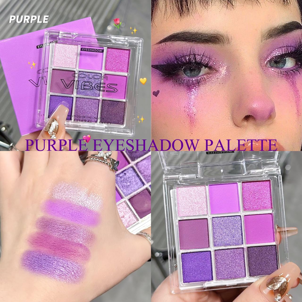 Purple Glitter Matte Eyeshadow Palette, 9 Colors Shimmer High Pigmented Eyeshadow Powder, Dream Purple Eye Shadow Palette Makeup,Waterproof Blendable Colorful Eyeshadow Palette for Girl Women