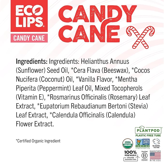 Eco Lips Organic Candy Cane Moisturizing Lip Balm - Organic Coconut Oil and Cocoa Butter - Soothe, Moisturize Dry, Cracked and Chapped Lips - 100% Plastic-Free Plant Pod Packaging - Made in USA