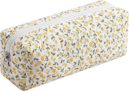 Cute Floral Cotton Makeup Brush Cosmetic Bag for Women, Travel Quilted Zipper Make Up Bag, Flowers Toiletry Organizer Case Kawaii Makeup Cosmetic Travel Cloth Pouch (Yellow Floral)