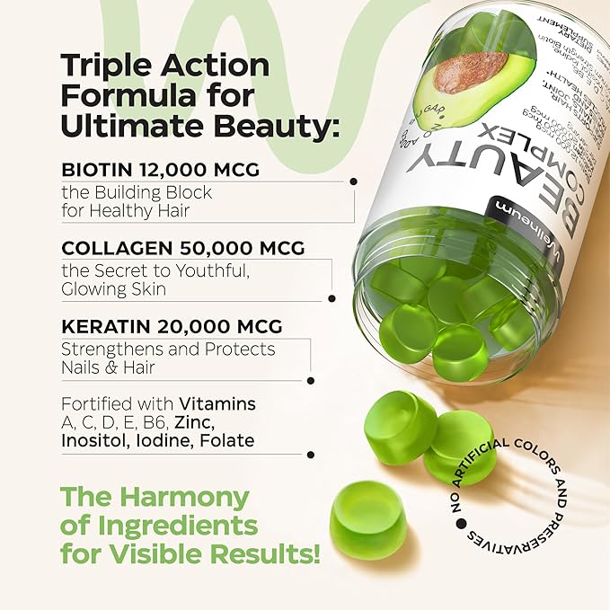 Biotin and Collagen Peptide Gummies for Hair Growth, Skin and Nails 12000 Mcg - Biotin Chewables with Keratin Max Strength - Beauty Gummies for Women and Men - Sugar Free, Non-GMO Gummy Supplement