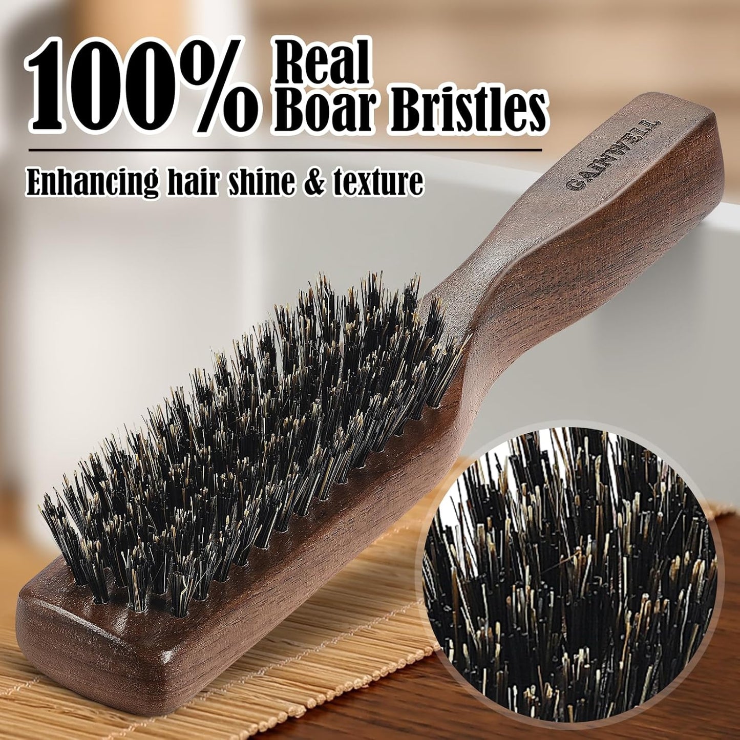 Mens Wild Boar Bristle Hair Brush for Men - Slick Back Hair Brush - Stiff Bristles for Thick Hair, Natural Black Walnut Wooden Handle Hairbrush, Beard Mustache Brush Comb by GAINWELL