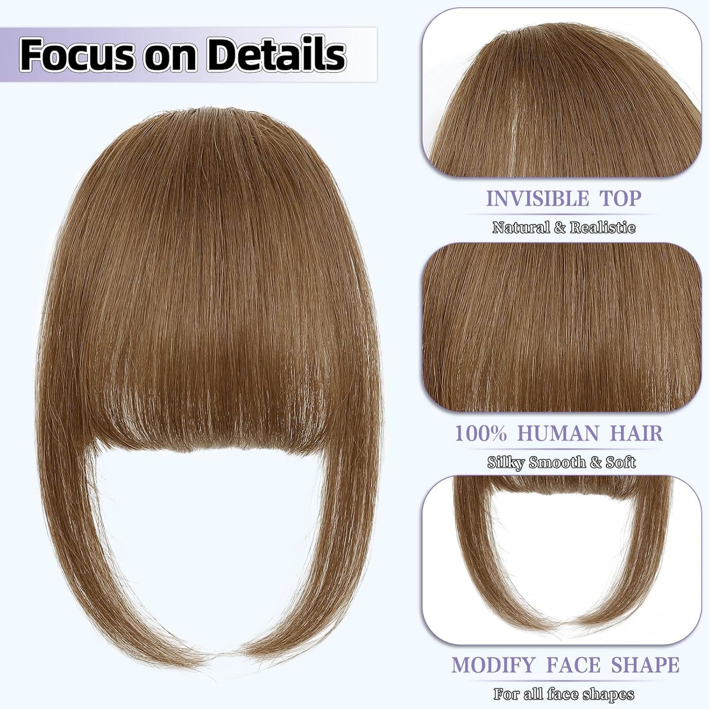 Wispy Bangs Hair Clip, 100% Human Hair Clip In Moca Brown Bangs for Women, Soft Layered Fake Bangs with Feathered Fringe, Easy Clip-On Design for Daily Wear & Halloween