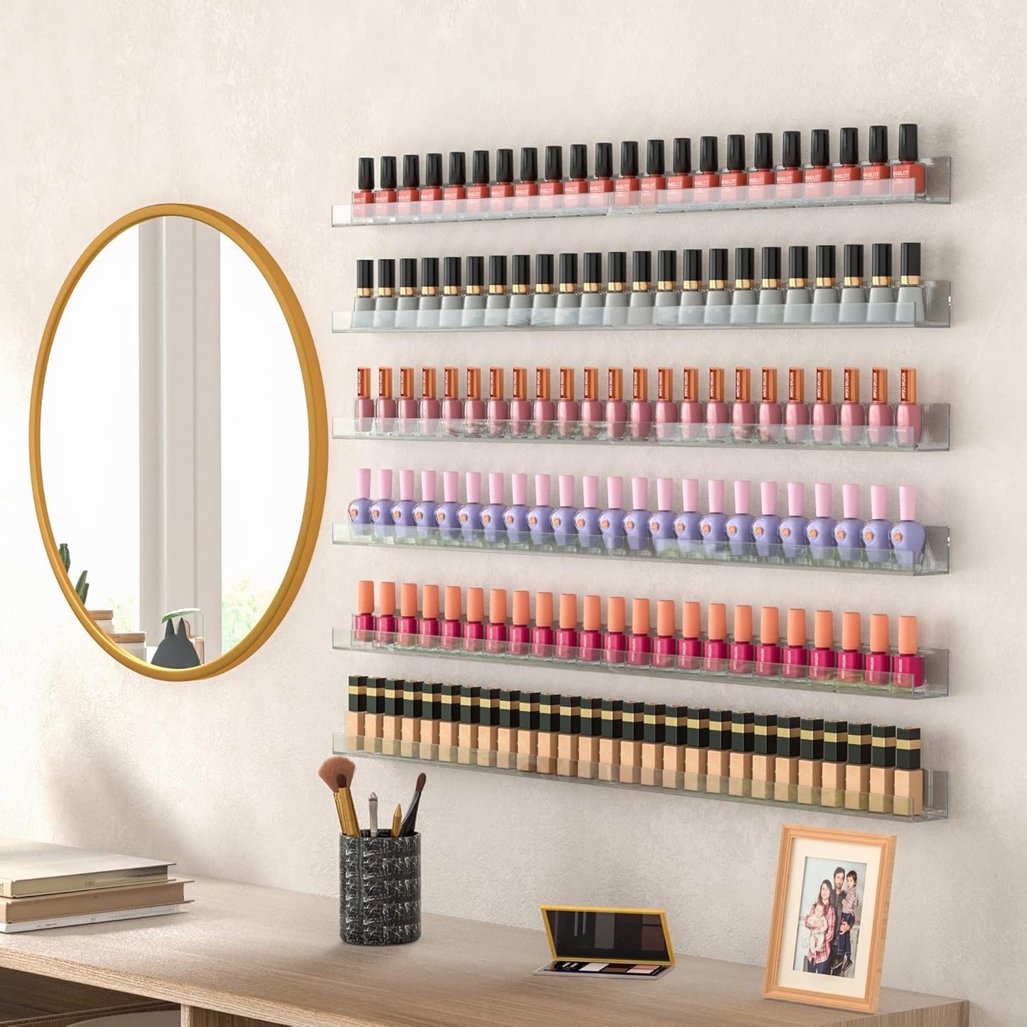 Nail Polish Rack Shelf for Wall, Clear Organizer Wall Mounted, 32 Inches Acrylic Shelf for 192 Bottles, 6 Pack