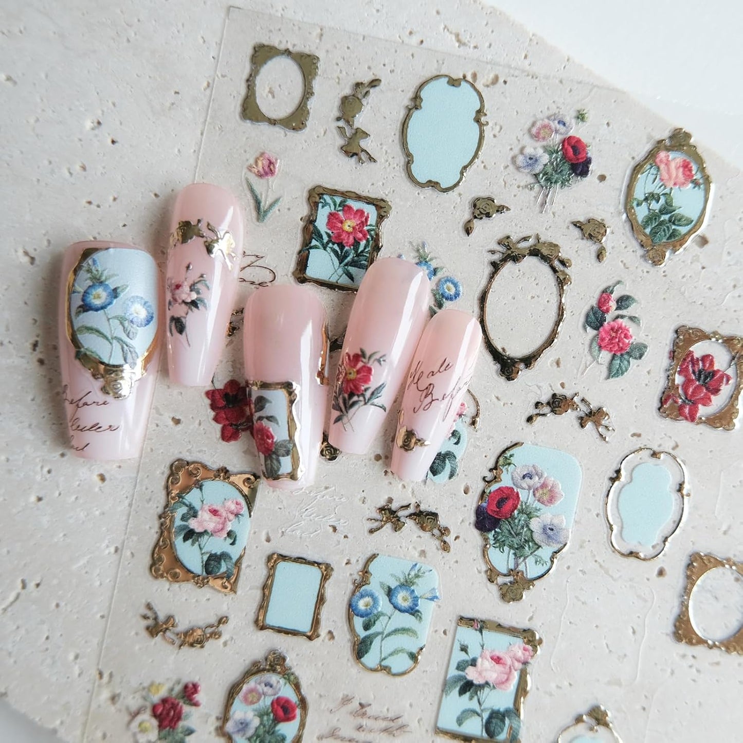 Golden Frame Flower Nail Art Stickers, Embossed Nail Decals,Vintage Floral for Nail Art Design, Self-Adhesive, Nail Accessories for Women,Aesthetic Nail Art Supplies