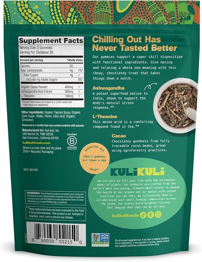 Kuli Kuli Super Gummies - Calming Supplements with Ashwagandha, L-Theanine & Cacao - Helps Support Relaxation & Rejuvenation - 60 Non-GMO, Gluten-Free Gummies