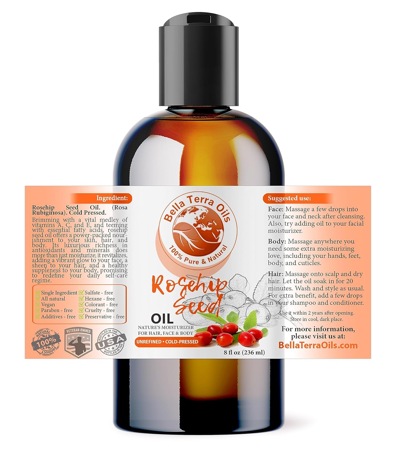 Bella Terra Oils Organic Rosehip Oil for Face, Pure Cold-Pressed Rose Hip Seed Oil for Skin & Hair, Natural Moisturizer & Anti-Aging Facial Oil 8oz