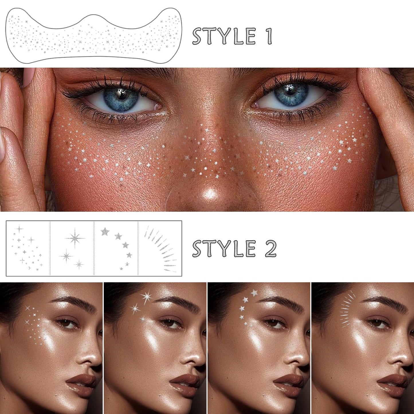 Glitter Freckles Face Tattoo, 20PCS Silver Makeup Patch, Faux Freckles Waterproof Temporary Tattoos Cute Glitter Women and Kids Makeup Accessories For Christmas (Silver)