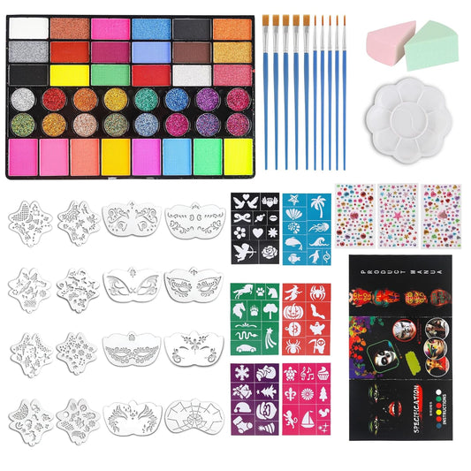 42 Color Face Paint Kit for Kids, Brushes, Sponges, Gems, Stickers, Non-Toxic Water-Based Makeup Palette Face Painting Kit for Kids Ideal Halloween, Parties, Festivals, Body Art & More