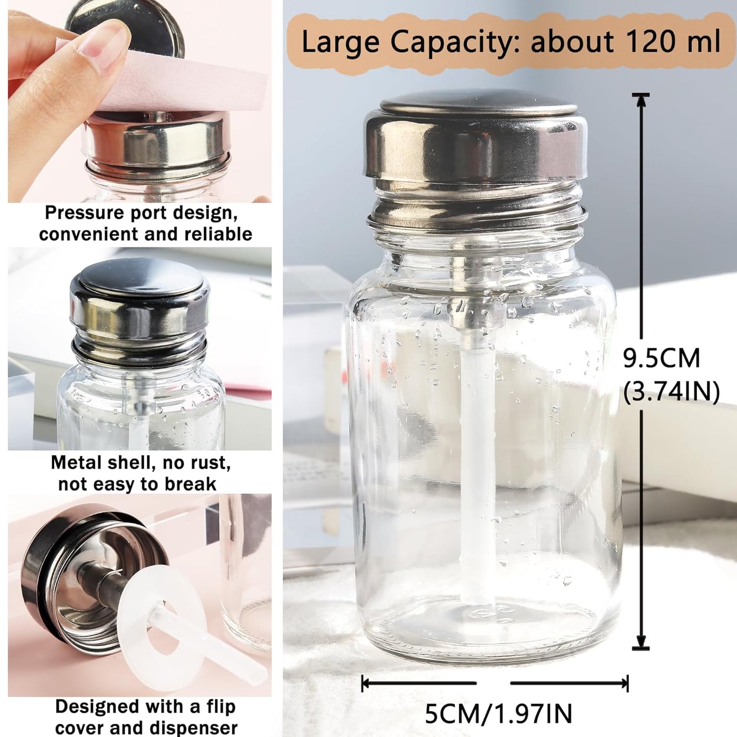 Clear Nail Polish Remover - 120ml Glass Metal Push Down Pump Dispenser - 200pcs Lint Free Nail Wipes - Alcohol Eye Makeup Remover