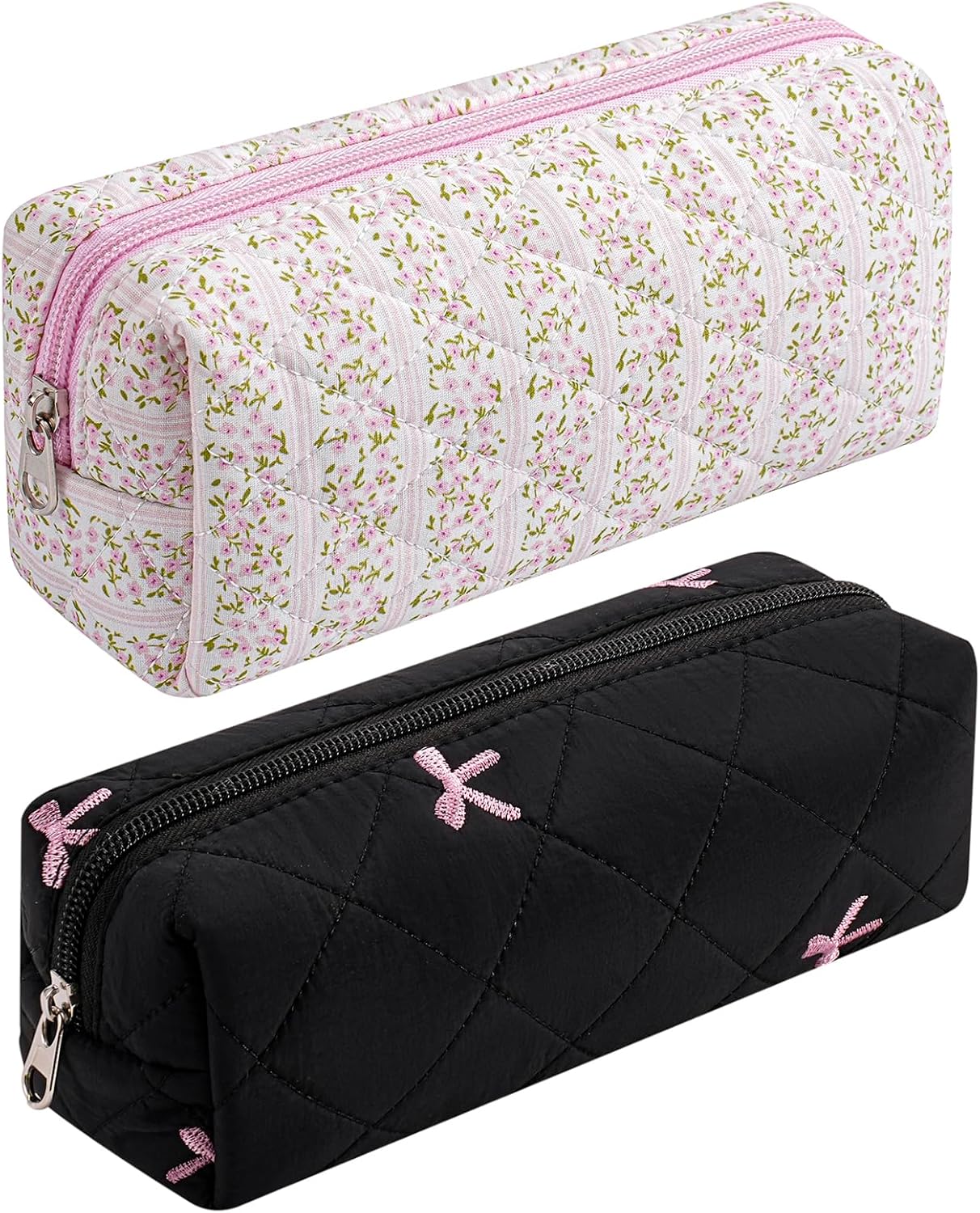 Cute Floral Cotton Makeup Brush Cosmetic Bag for Women, Travel Quilted Zipper Make Up Bag, Flowers Toiletry Organizer Case Kawaii Makeup Cosmetic Travel Cloth Pouch (Pink+Black)