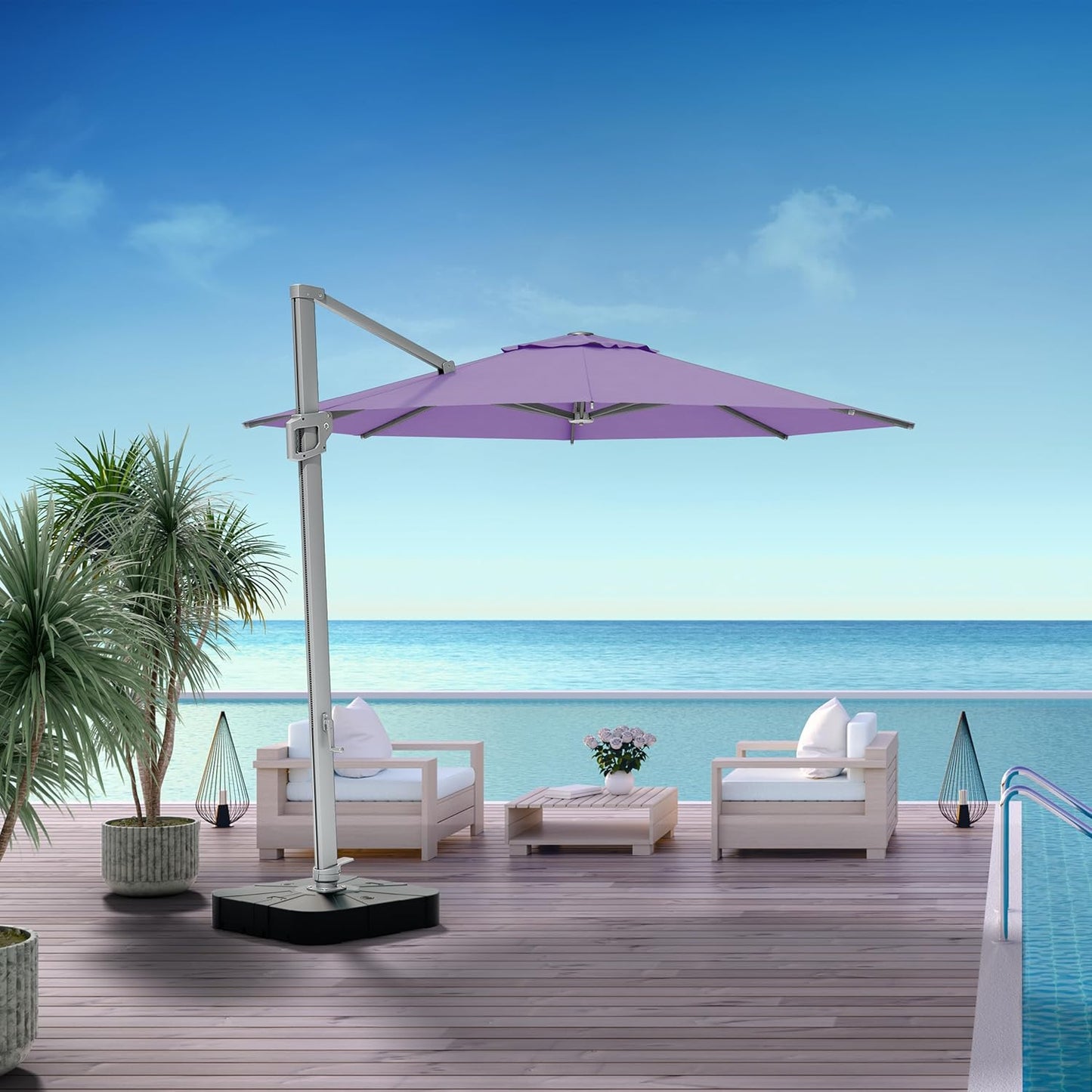 Midtown Umbrellas10 Ft Outdoor Cantilever Patio Umbrella w/Terylast Midtown Purple Fabric - Rotate 360° Offset Patio Umbrella, Deck Patio Umbrella, Backyard Umbrella & Garden Umbrella - Silver Frame