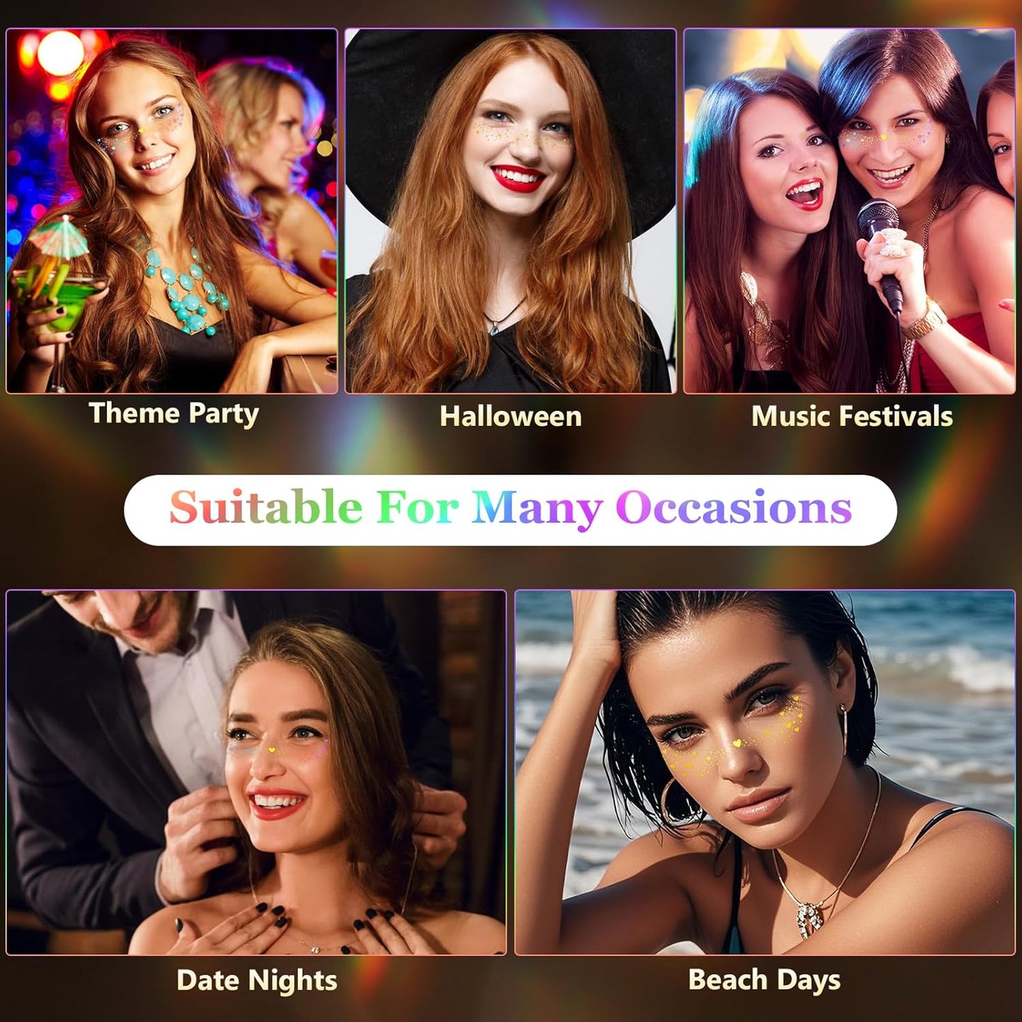 HyperFun 12Pcs Face Glitter Freckles, Face Glitter Fake Freckles Sticker, Gold Sliver Holographic Multichrome Waterproof Sparkle Freckles Makeup Patches for Women Rave Festival Accessories Party Prom