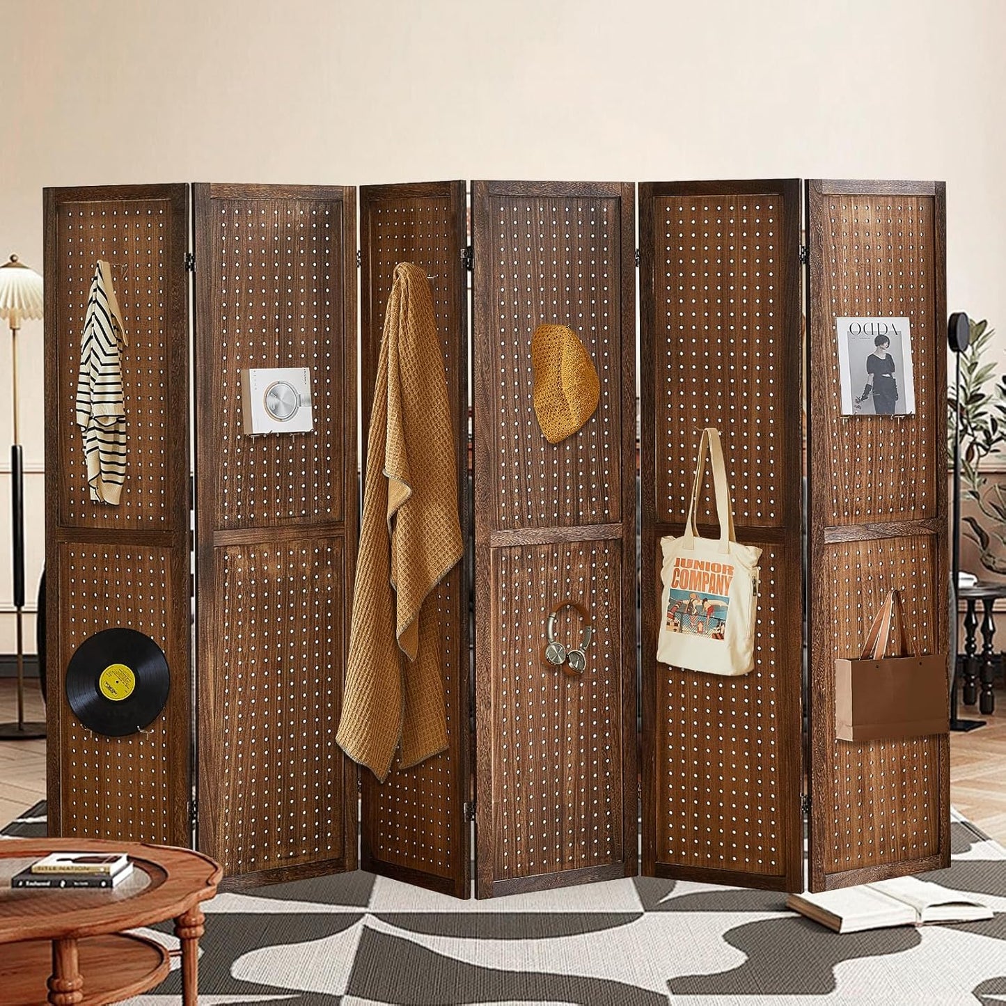 6 Panel Room Dividers and Folding Privacy Screens, Room Partitions and Dividers, Pegboard Display Board with 24 Hooks, Room Divider Panel for Bedroom, Jewelry Display Stand, Dark Brown