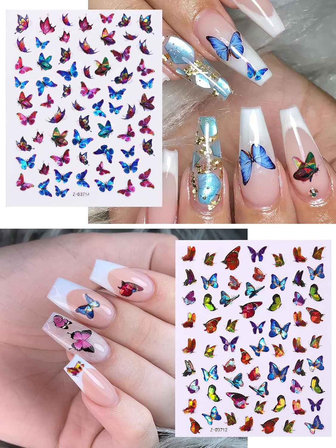 TOROKOM 12 Sheets Butterfly Nail Art Stickers, 3D Self-Adhesive Nail Decals with Colorful Laser Butterflies Designs for DIY Manicure Decor