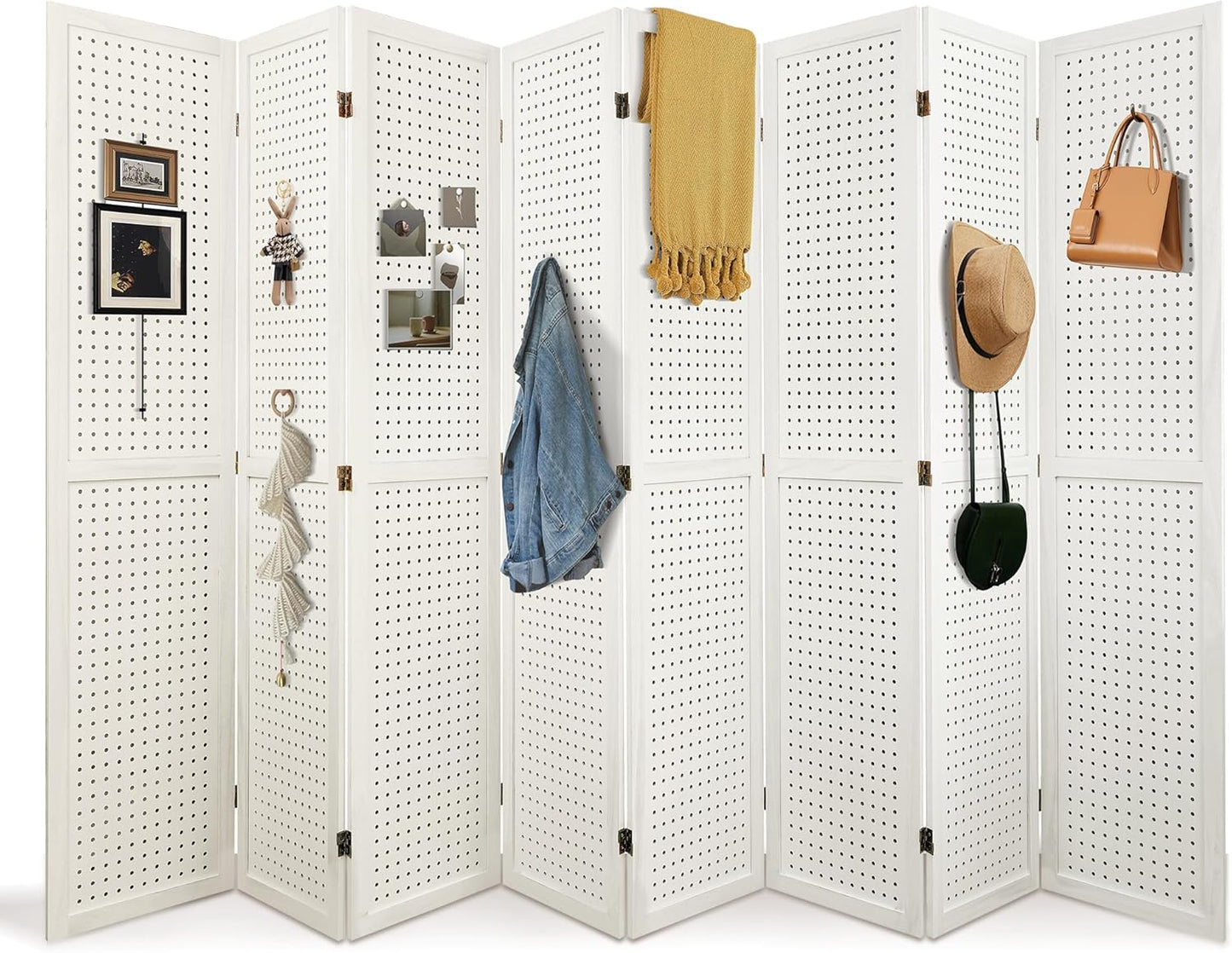 8 Panel Room Divider with Pegboard Display 5.6FT Wood PegBoard Room Dividers, Folding Privacy Screens Portable Freestanding Partition Wall Divider for Art Shows & Room Separation, White