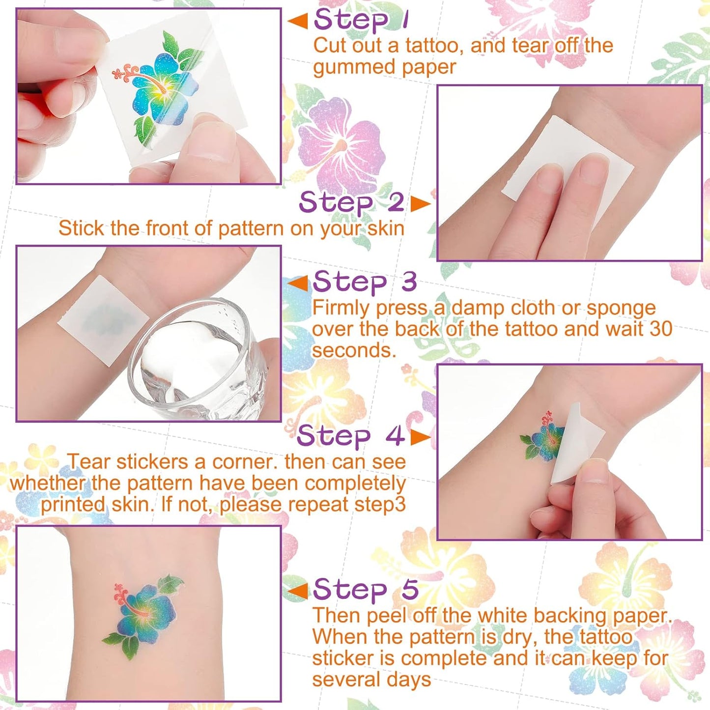 Nosiny 240 Pcs Hibiscus Glitter Tattoos Hawaiian Temporary Tattoos Flower Luau Stickers Summer Decal Stickers Tropical for Women Men Body Face Hawaiian Themed Party