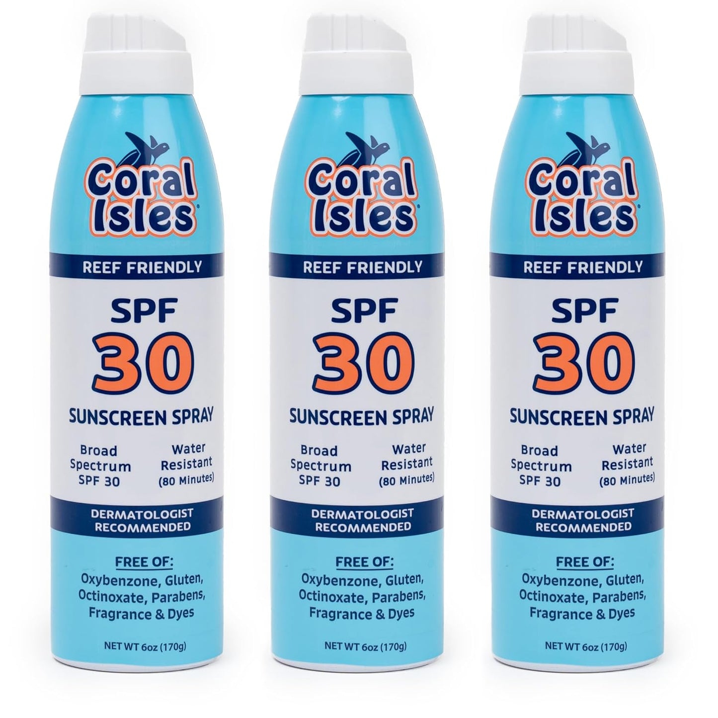 Coral Isles SPF 30 Sunscreen Spray - Hawaii Compliant - Oxybenzone & Octinoxate Free - Broad Spectrum - Water Resistant, 6 Fl Oz (Pack of 3)