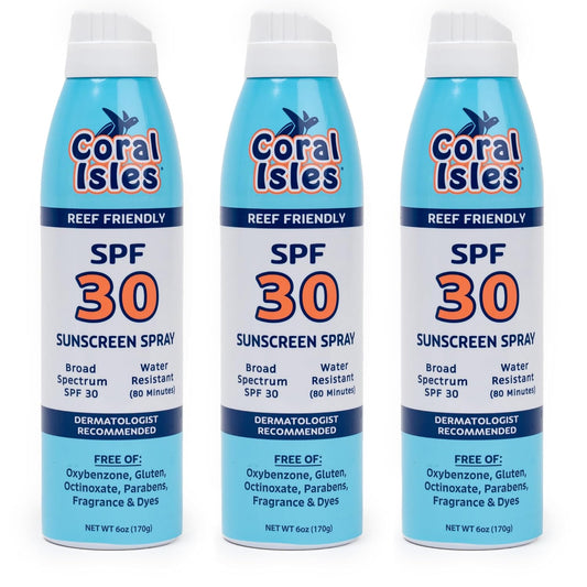 Coral Isles SPF 30 Sunscreen Spray - Hawaii Compliant - Oxybenzone & Octinoxate Free - Broad Spectrum - Water Resistant, 6 Fl Oz (Pack of 3)