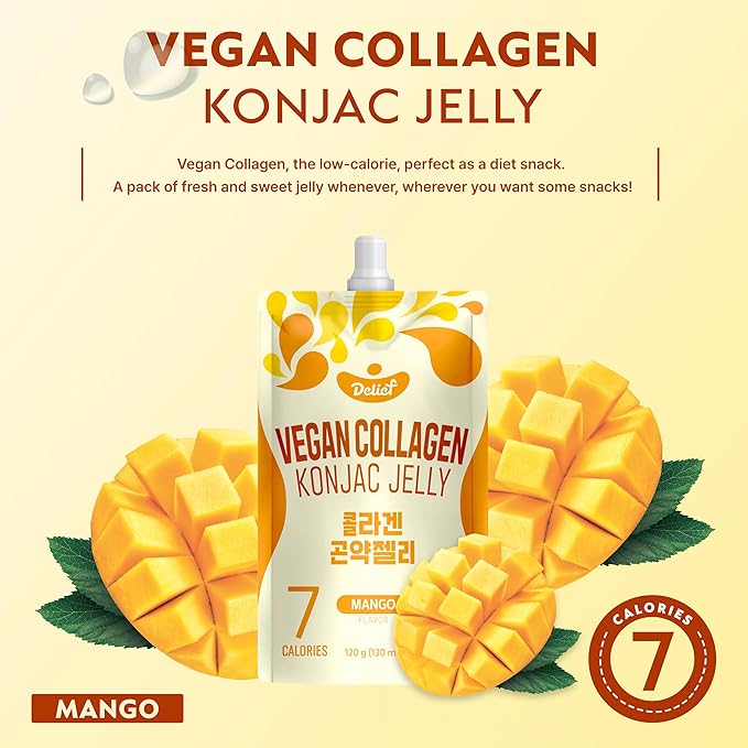 Vegan Collagen Konjac Jelly (Mango Flavor) 120g x 10 Packs – Low-Calorie Fruit Gel Snack, Gluten-Free, Plant-Based, 7 kcal per Pouch