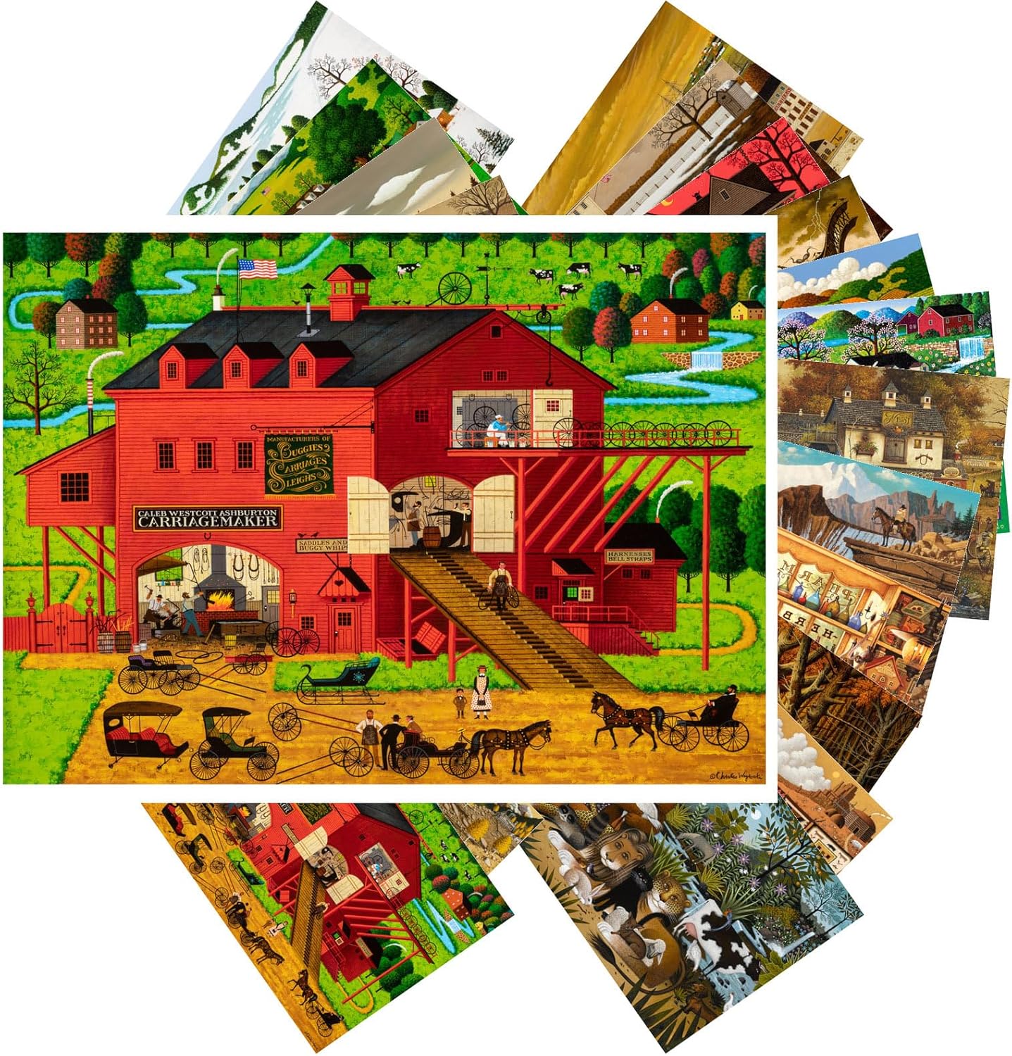PIXILUV Vintage Postcards (24 pcs 4"x6" ea) Bright Cartoon Style Farms and Scenery Vintage Postcards Retro Greeting Card Charles Wysocki