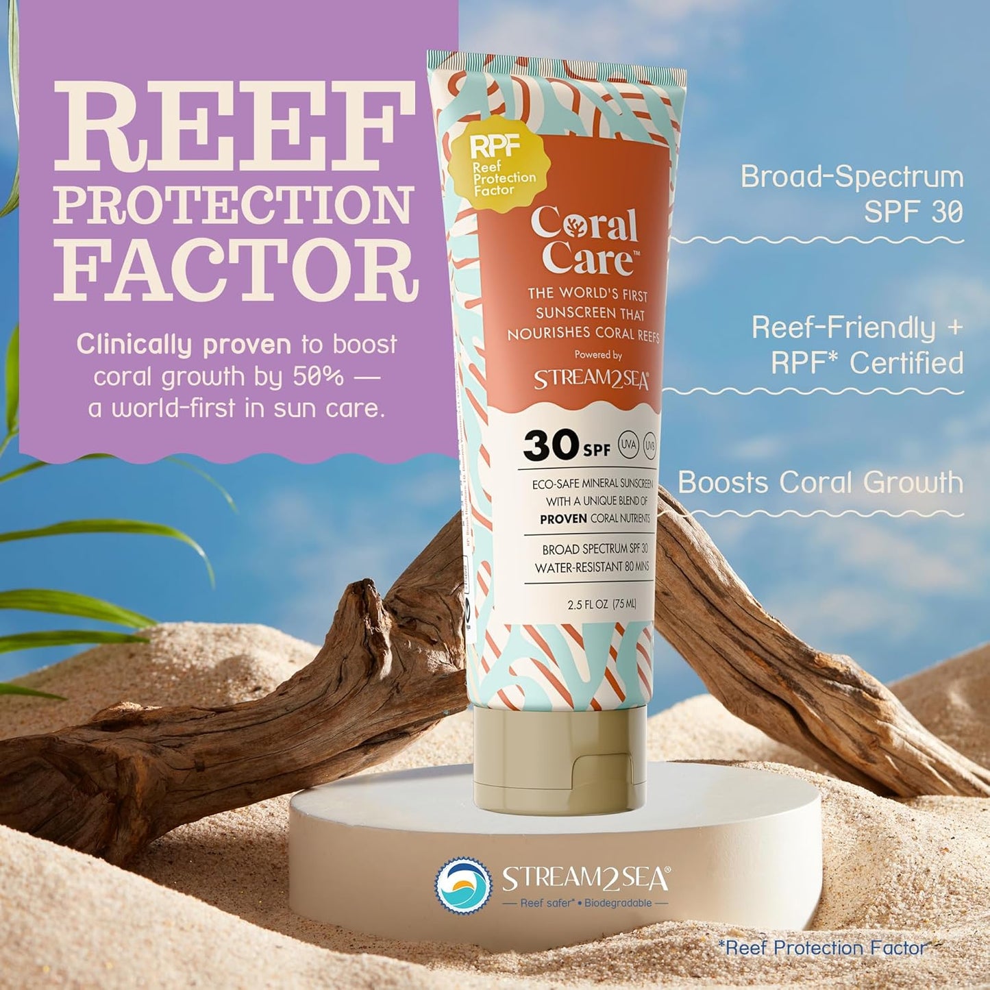 Stream2Sea Coral Care - Reef Safe Sunscreen SPF 30 Travel Size - First Reef-Approved Natural Mineral Sun block Boosts Coral Growth Water resistant- Non-Toxic, Biodegradable, Eco-Friendly - 3 Pack