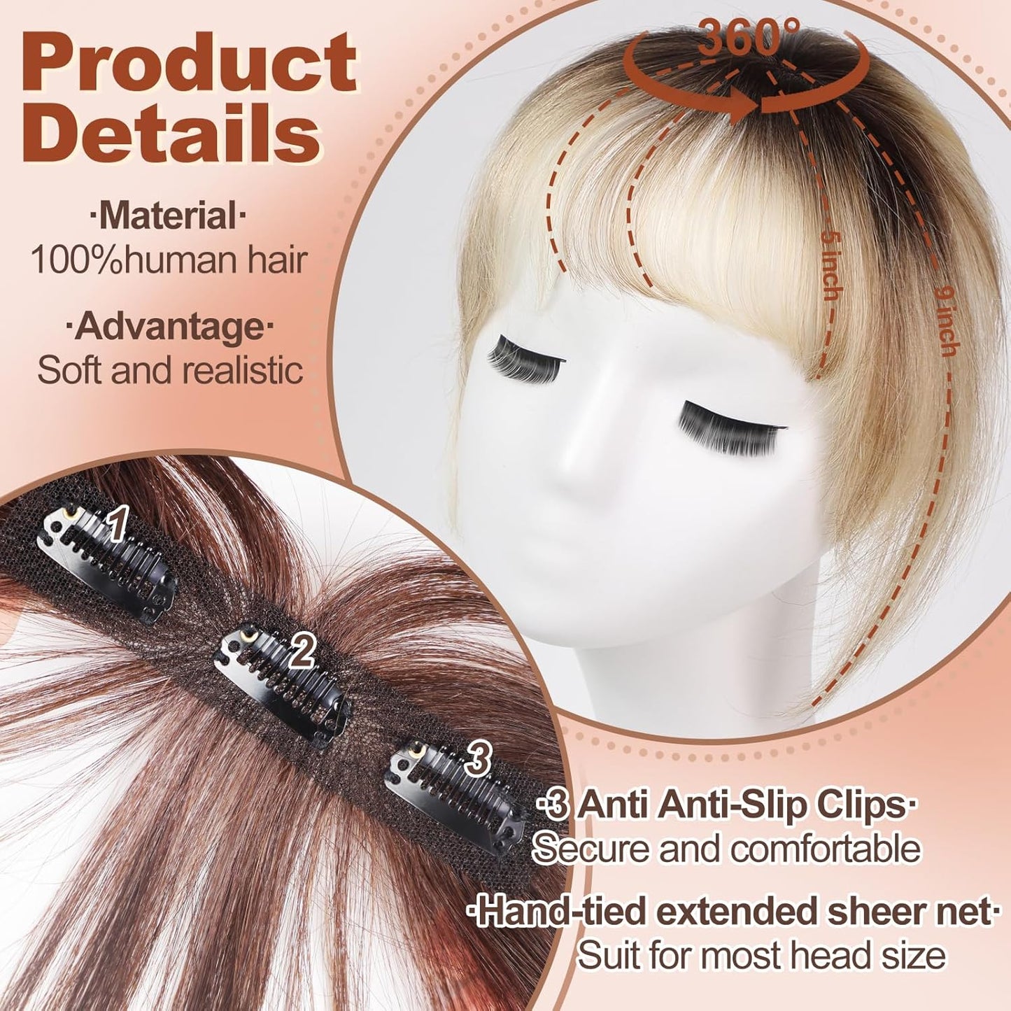 HAIRCUBE Bangs Clip in 100% Human Hair Bangs Hair Extensions - Full Fringe with Temples (Ombre T2-#6/#613)