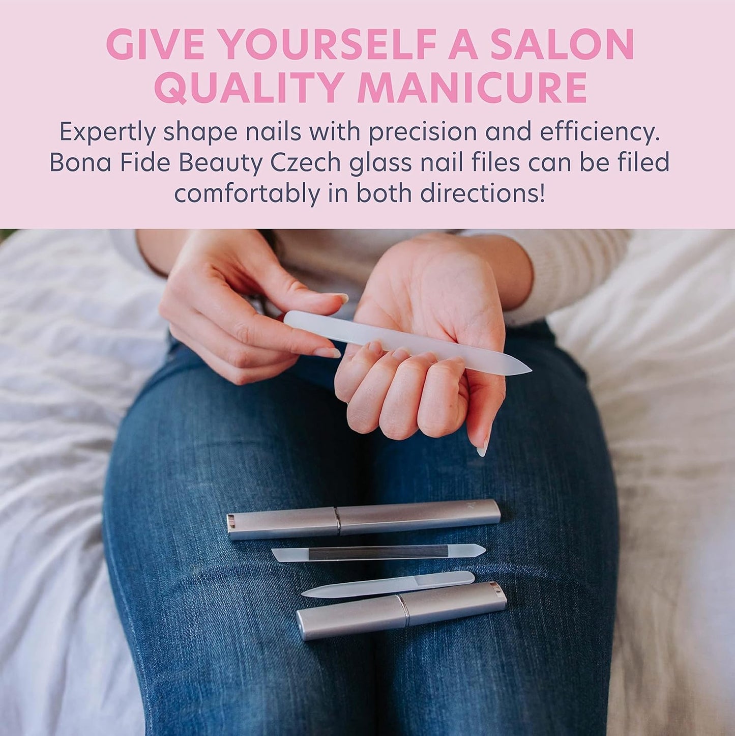 Bona Fide Beauty Glass Nail Files Kit in Silver - 3Pc Set Includes Glass Cuticle Pusher, Mini Travel Nail File, and Medium Glass File for Natural Nails