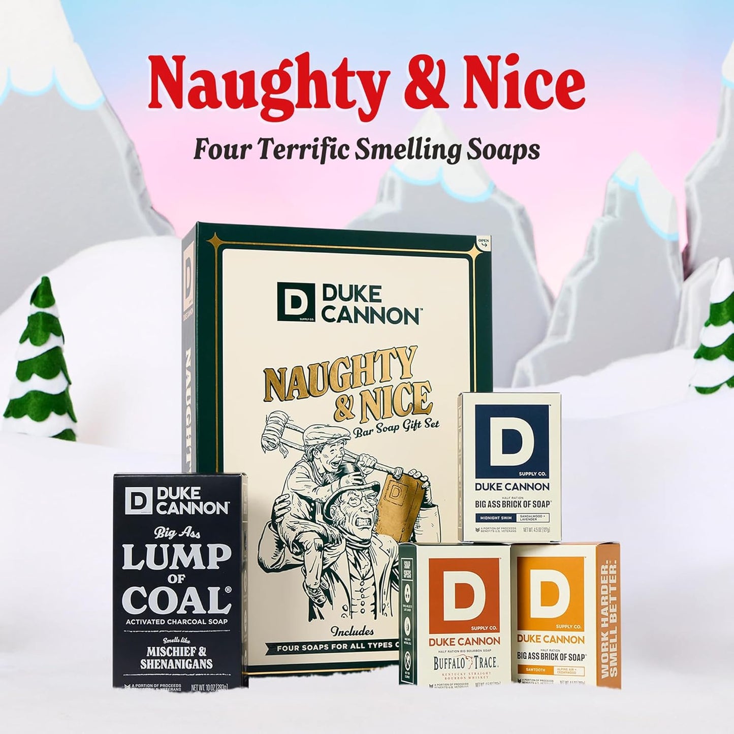 Duke Cannon Men’s Holiday Soap Gift Set – Lump of Coal 10 oz Bar + 3 Junior Bars (American Bourbon, Sawtooth, Midnight Swim) – Christmas Gift, Stocking Stuffer, Grooming Set for Men