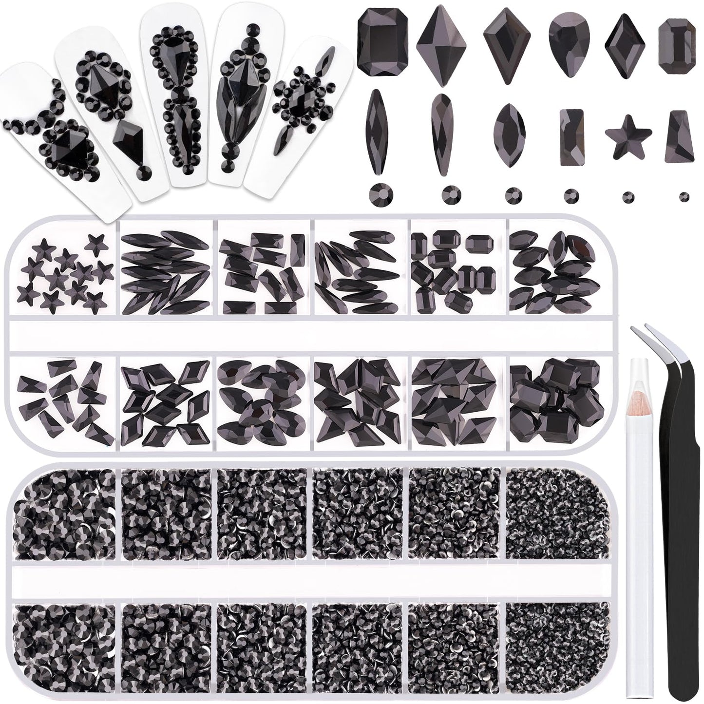 3220Pcs Black Glass Nail Rhinestones 120Pcs Multi Shapes Flatback Gems Crystal + 3100Pcs 1.5-4mm Round Beads, Manicure Diomand Jewelry Gemstones for Nail Design Makeup Acrylic Nails Decoration