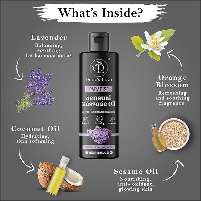 Organic - Edible Floral Sensual Massage Oil for Couple - Smooth Body Glide| No Stain & Non-Sticky | with Fractionated Coconut Oil, Lavender & Orange Blossom Oil | Nourish & Moisturise Skin