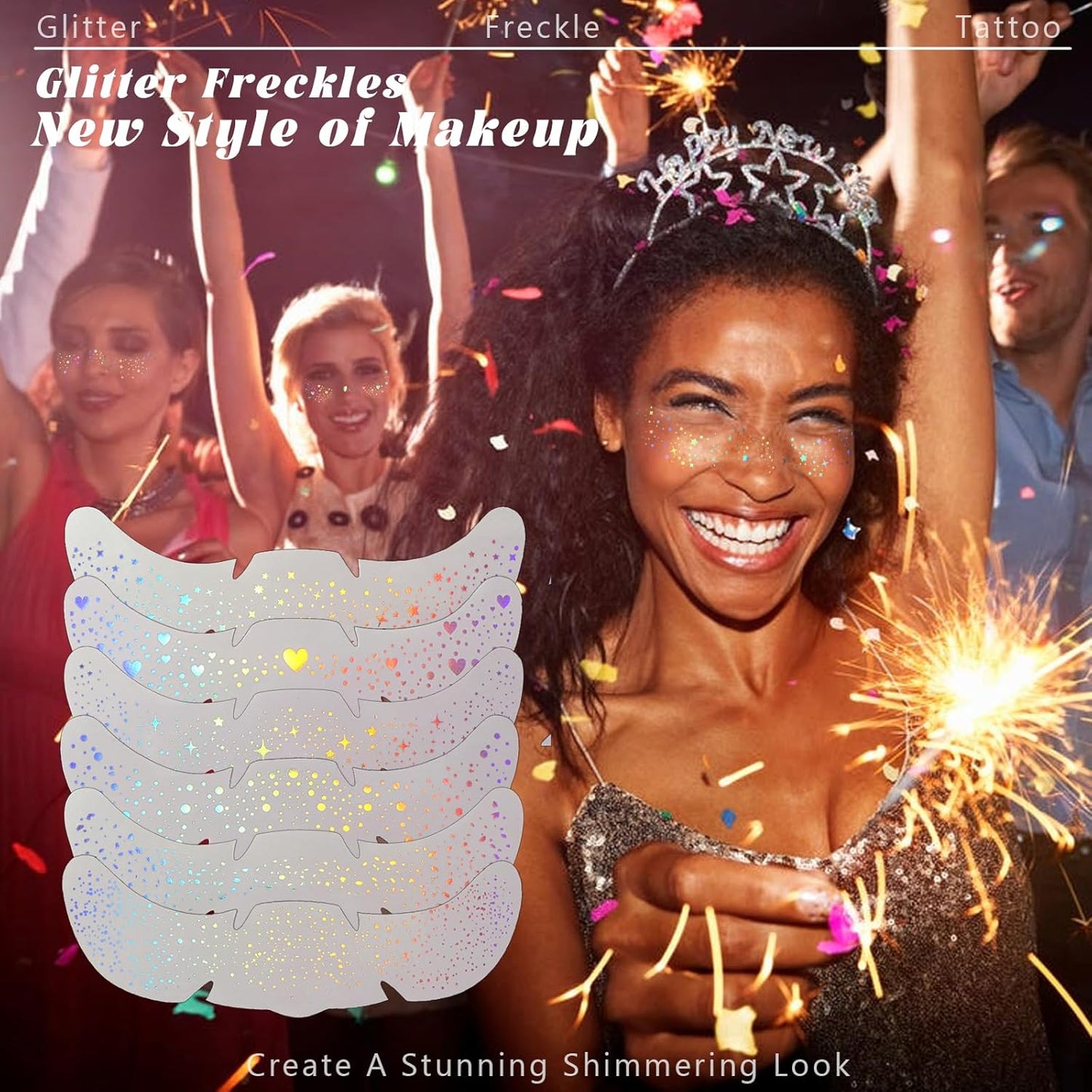 6 pcs Holographic Glitter Freckles Face Tattoo, Waterproof Sparkle Body Glitter Speckles Patches for Women, Cute Star Glitter Stickers Temporary Tattoo Makeup Accessories for Festival Rave