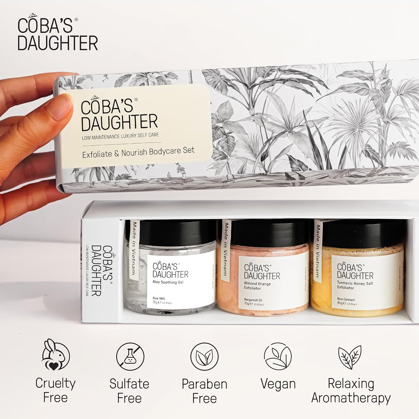 COBA'S DAUGHTER Women Gift Set – 3-Piece Body Care Spa Kit with Honey Turmeric Scrub, Almond Orange Scrub & Aloe Vera Gel – Self-Care Gift Box, Spa Gift Basket, Travel Size Beauty Set