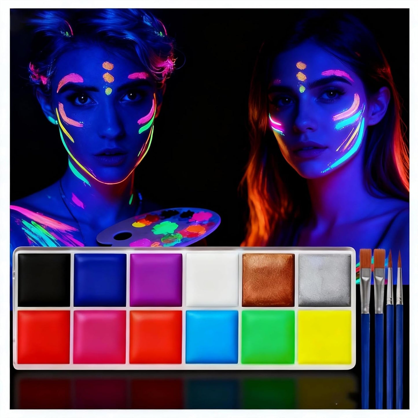 Glow UV Blacklight Face Paint,Neon Fluorescent Body Painting Palette,Water Activated Makeup Eyeliner,Water Based Glow In The Dark Party Halloween Washable for Adult Body Paint Set (12 color)