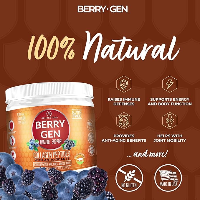 Berry Gen Immune System | Helps with Immune System and Powerful Antioxidant | Non-GMO | Grass-Fed Collagen Peptides Type 1 & 3 | 205.50 Grams (2)