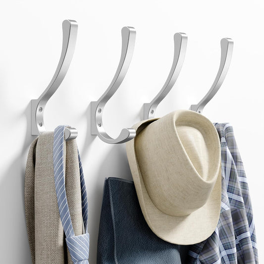 Coat Hooks Wall Mount Silver - Heavy Duty Wall Hooks for Hanging Backpacks, Towels, Bags, Hats, Clothes – Holds Up to 30 lbs - Large Metal Hooks for Closet, Bathroom, Mudroom, Door - 4 Pack