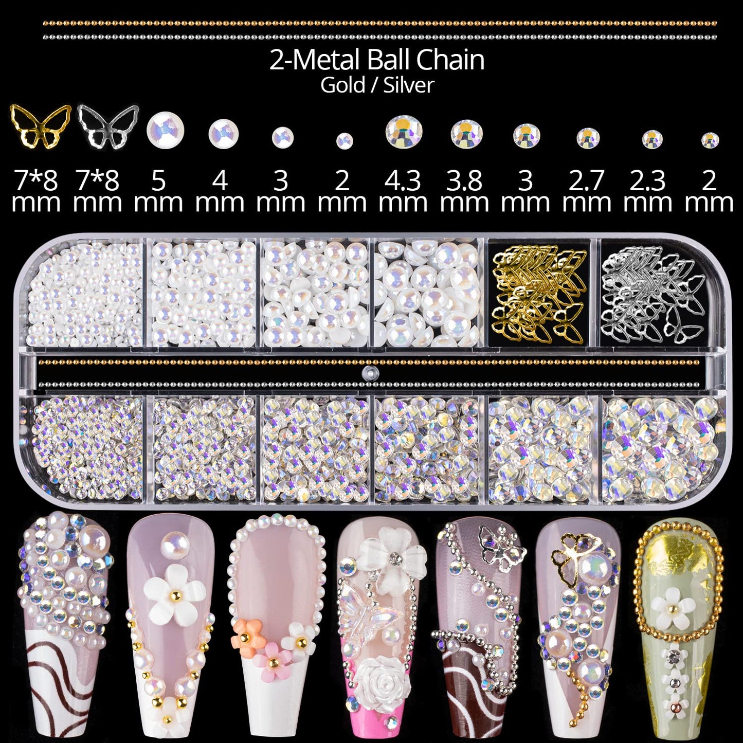 Mixed 3D Nail Art Gem Decoration Accessories Kit #11, Aurora Bear Bow Butterfly Starry AB Rhinestone Charm Jewelry for Deco, Pearl Flower Caviar Bead Stone Crystal with Pickup Pencil and Tweezer