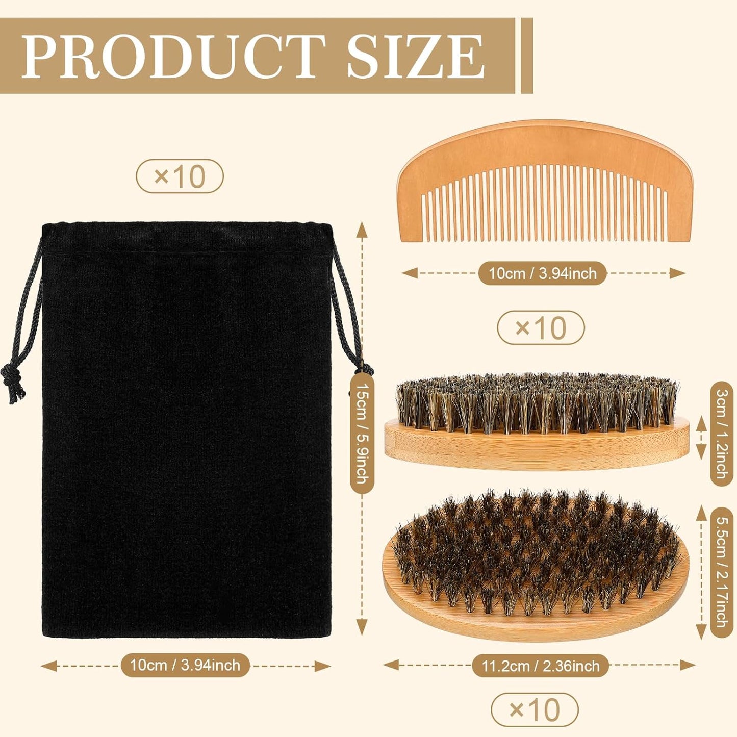 10 Sets Grooming Kit for Men - Natural Boar Bristle Brush, Pear Wood Dual-Sided Wide Tooth Comb, and Travel Pouch (Oval Shape) for Beard Care