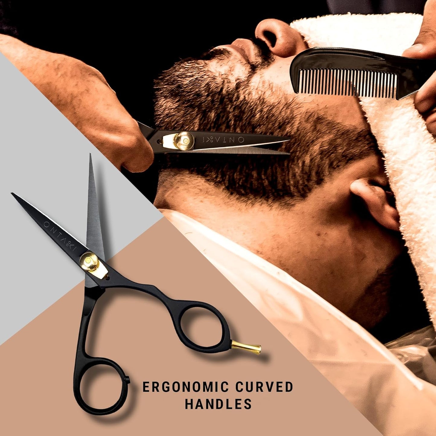 Ontaki Japanese Steel Beard Scissors for Men - 5.5" Ergonomic Black, Right-Handed - Scissors & Comb Travel Set, Beard Grooming Kit with Mustache Comb & Carry Pouch, Blunt-Tip Facial Hair Shears