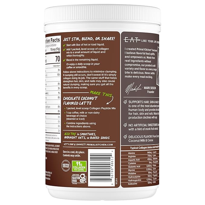 Primal Kitchen Chocolate Collagen Fuel® Drink Mix, Chocolate Coconut Collagen Peptides, No Dairy or Artificial Sweeteners, 15 Ounces