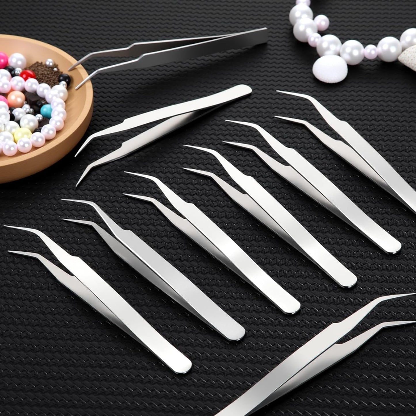 Honoson 9 Pieces Curved Pointed Craft Tweezers Stainless Steel Precision Tweezer with Protective Cover for Rhinestones Dried Flowers Craft Stickers Eyelash Extension Jewelry Making(Silver)