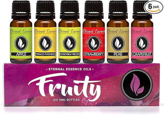 Eternal Essence Oils Fruity Set of 6 Premium Fragrance Oils - Includes Apple, Mango Madness, Honeydew Melon, Strawberry, Pear, and Grapefruit Scented Oil - 10ML