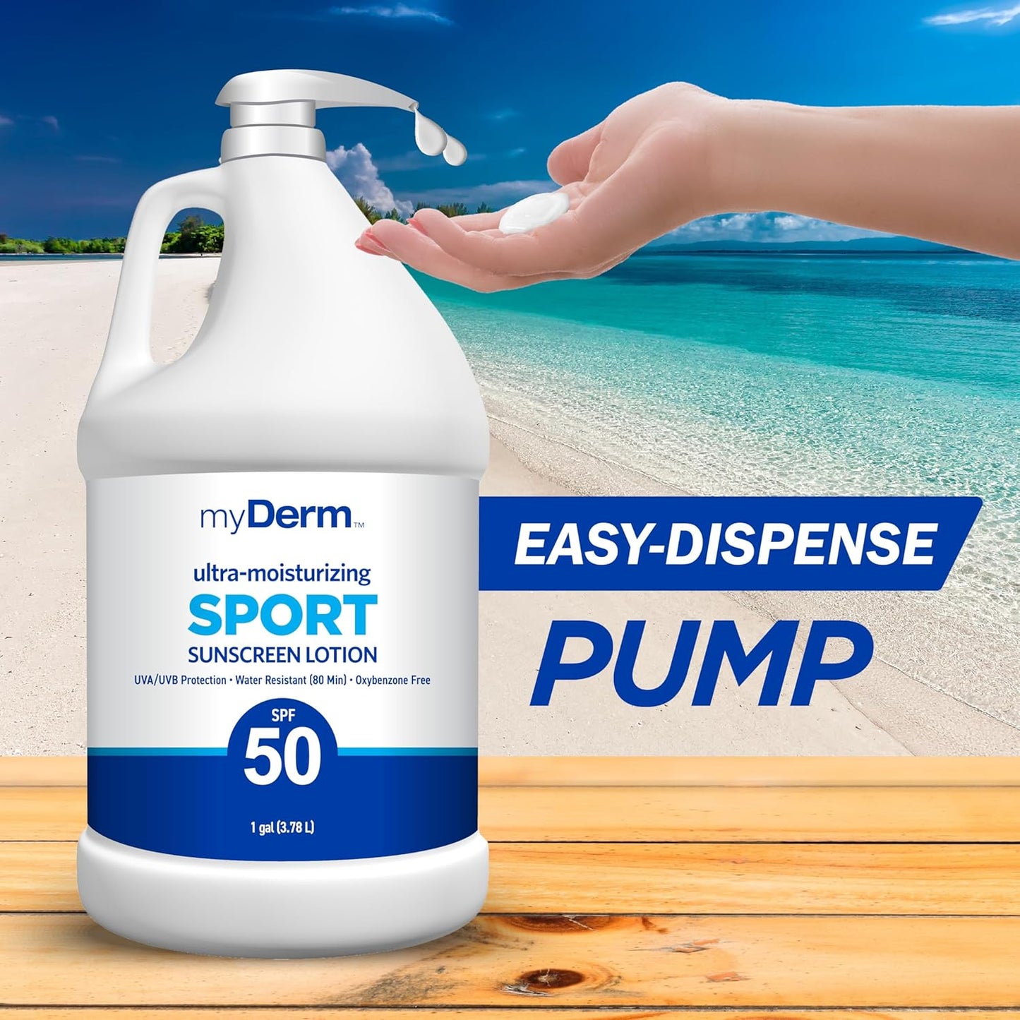 MyDerm Ultra-moisturizing SPF 50 Sport Sunscreen Lotion, Free from Octisalate, Oxybenzone, Octinoxate and Parabens, Hawaii 104 Reef Act Compliant, 128 oz (1 Gallon), Broad Spectrum UVA/UVB Protection