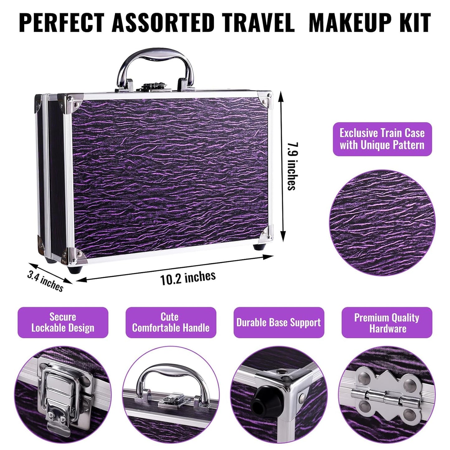 Makeup Kit for Teen Girls & Women Full Kit, Beauty Train Case with Starter Cosmetic Set, Make Up Christmas Gift Box with Eyeshadow,Lipgloss,Highlighter,Blush,Lip&Eye Pencils,Brush & More(Purple)