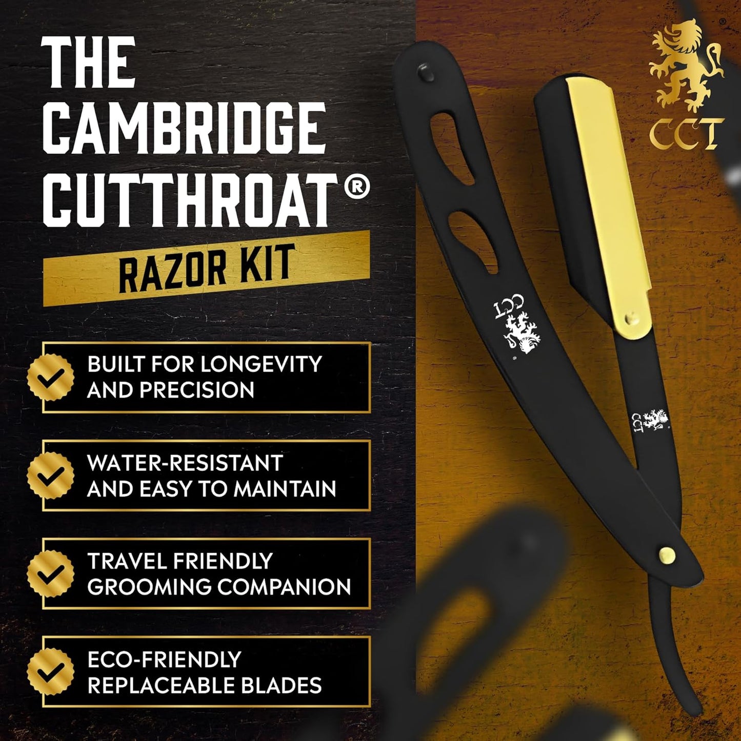 The Cambridge Cutthroat® Cut Throat Razor Kit with Blades & Travel Pouch - Black & Gold Stainless Steel Professional Barber Shaver Men - Straight Edge Moustache & Beard Shaper