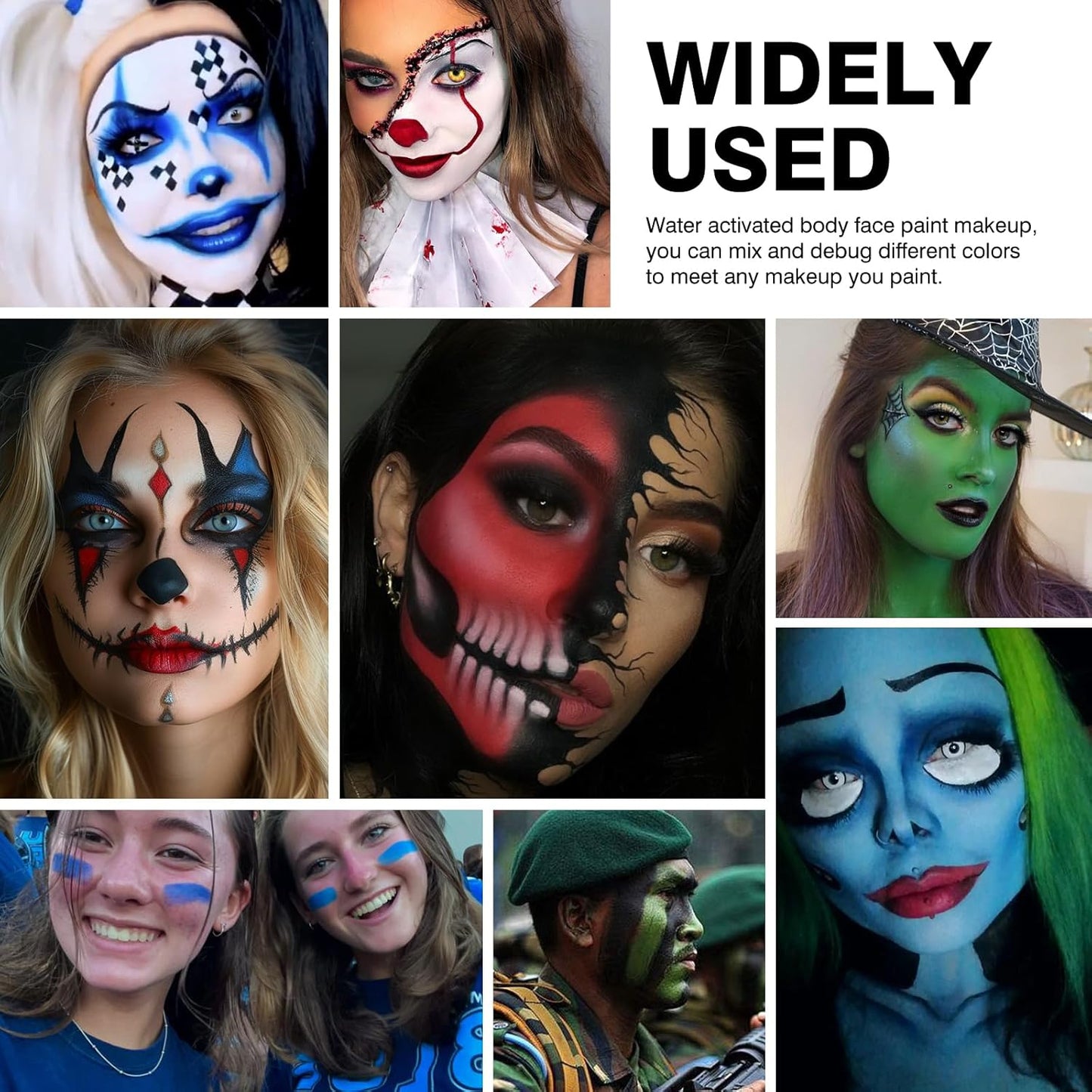 White Black Green Foundation Face Body Paint, Halloween Makeup Face Painting Kit with Painting Brushes and Makeup Sponge for Kids & Adults Grinch Zombie Witch Alien SFX Cosplay Party-30g