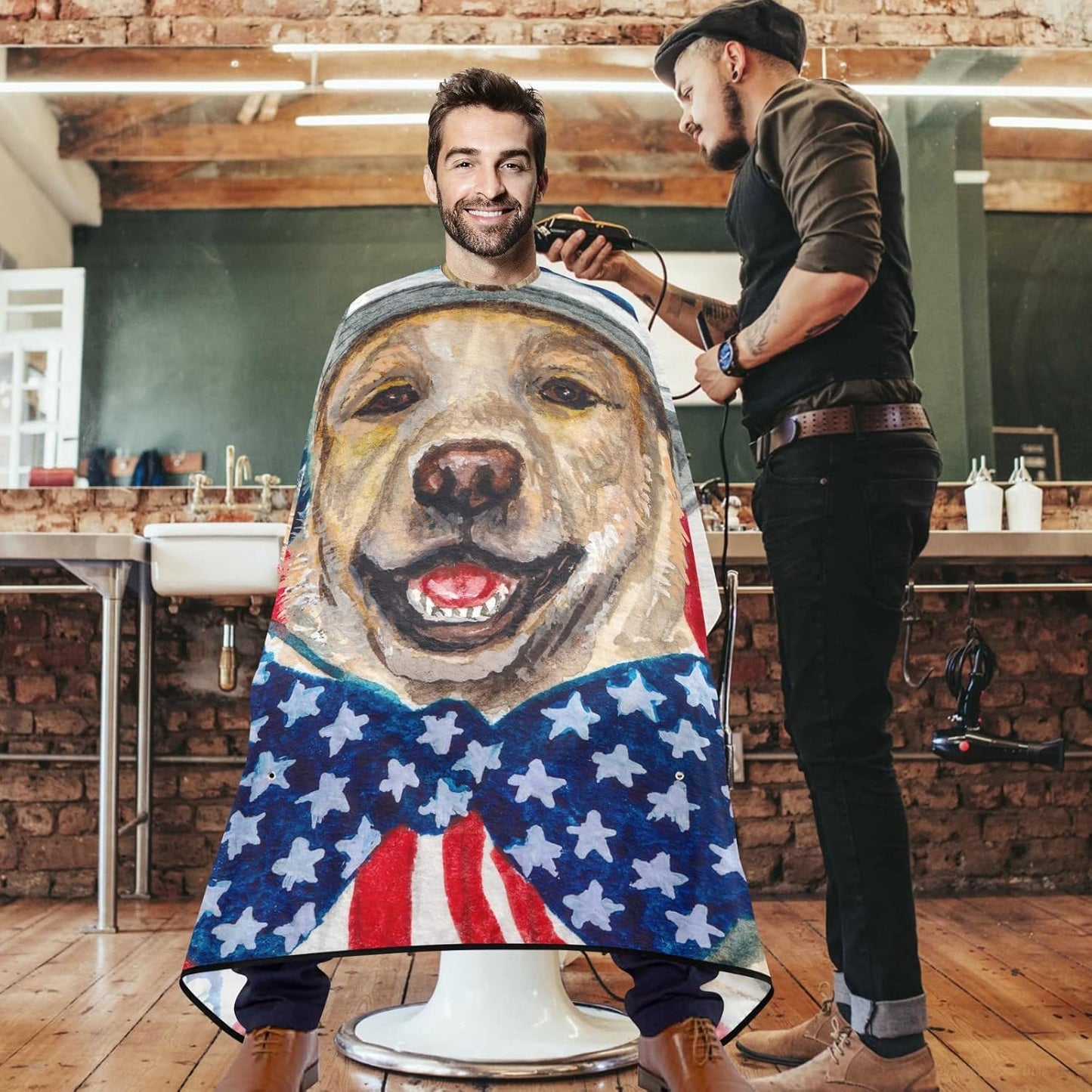 visesunny Barber Cape Dog American Flag Polyester Hair Cutting Salon Cape Apron Anti-Static Haircut Water-Resistant Shaving Cloth Beard Shaving Bib Hairdressing Cape