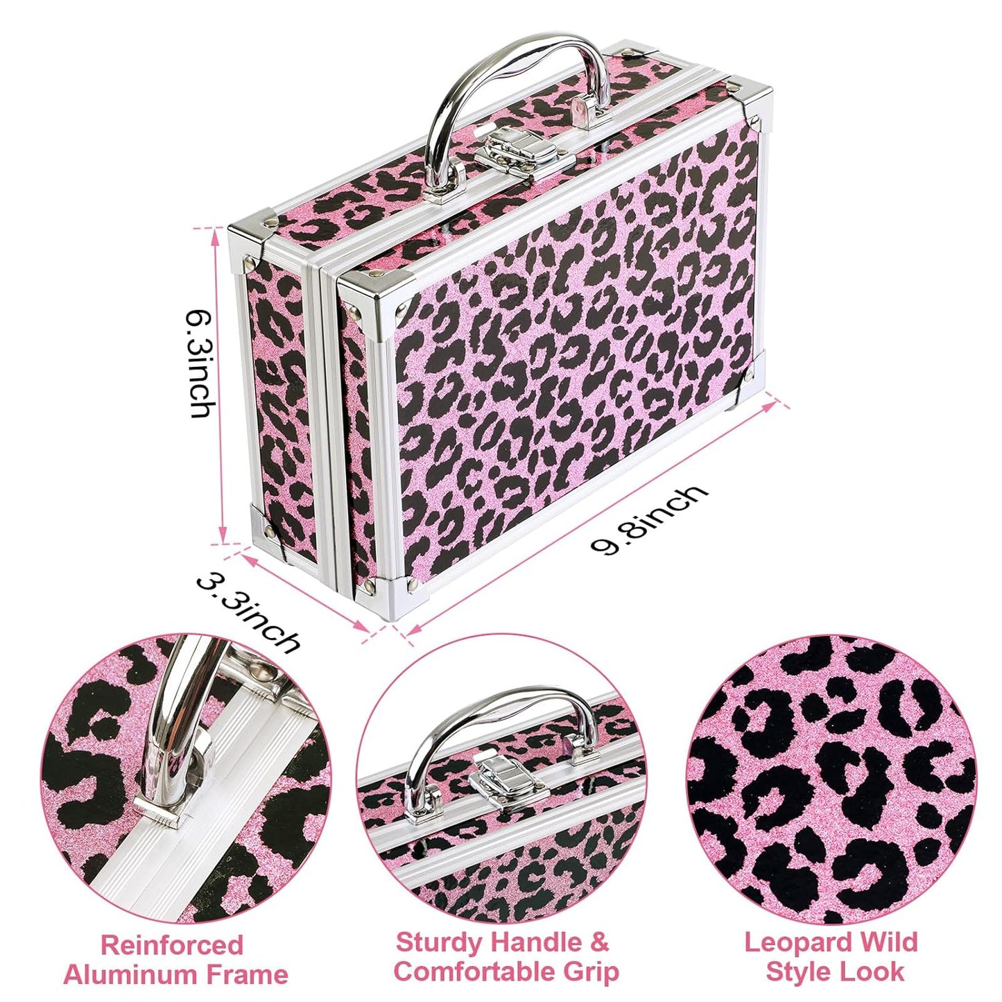 Anpro All-In-One Makeup Carry Case with Pro Teen Makeup Set, Full Starter Cosmetics Kit with Makeup Brushes, Lipsticks, Eye Shadows Palette, Blushes, Glitter Gel-Pink Leopard