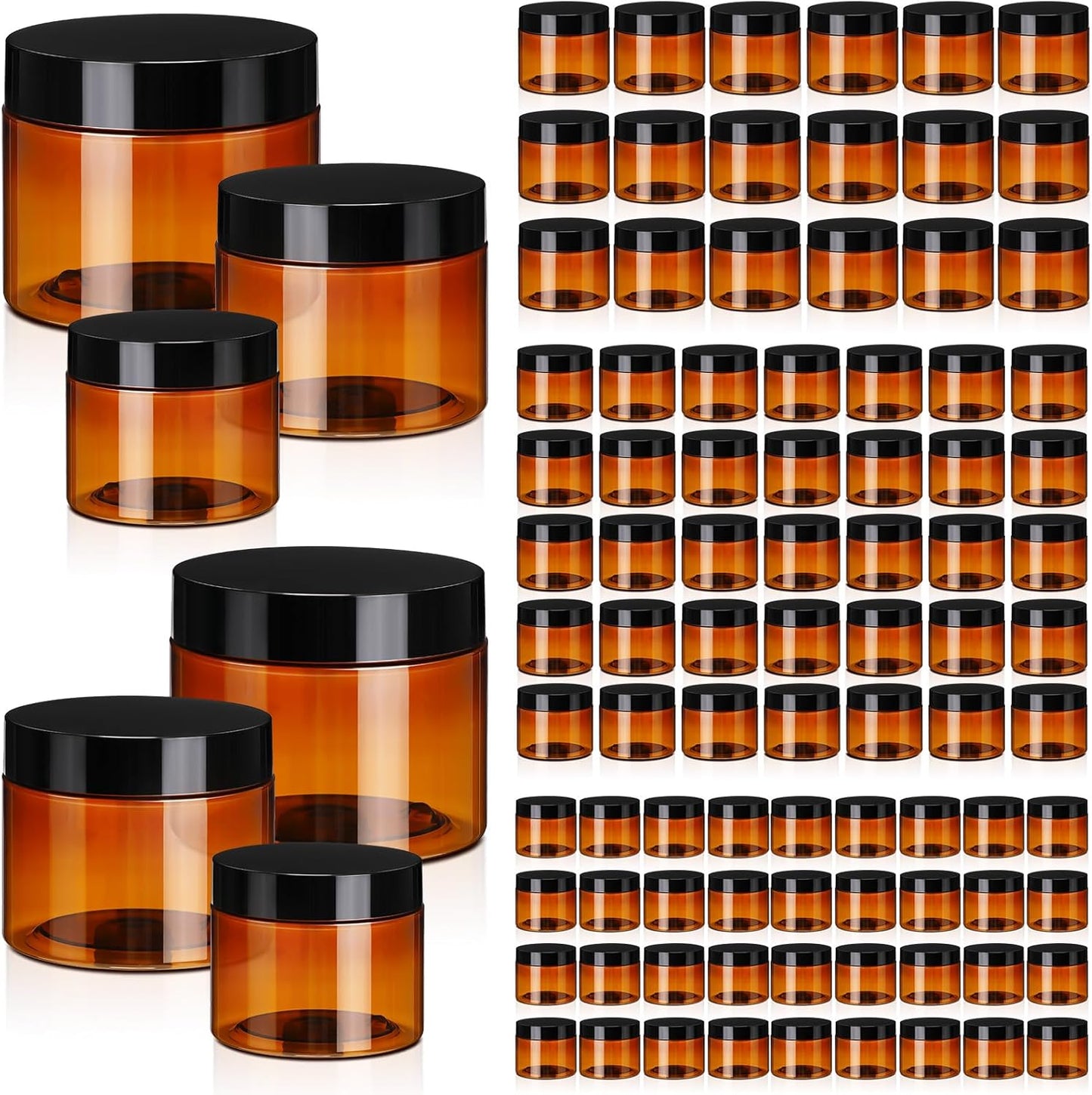 Tanlade 100 Pcs 8/4/2 oz Amber Plastic Cosmetic Jars with Lids Empty Leak Proof Container Refillable Cosmetic Jars Airtight for Cream, Lotion, Powder, Ointment, Beauty Products Travel Storage (Round)