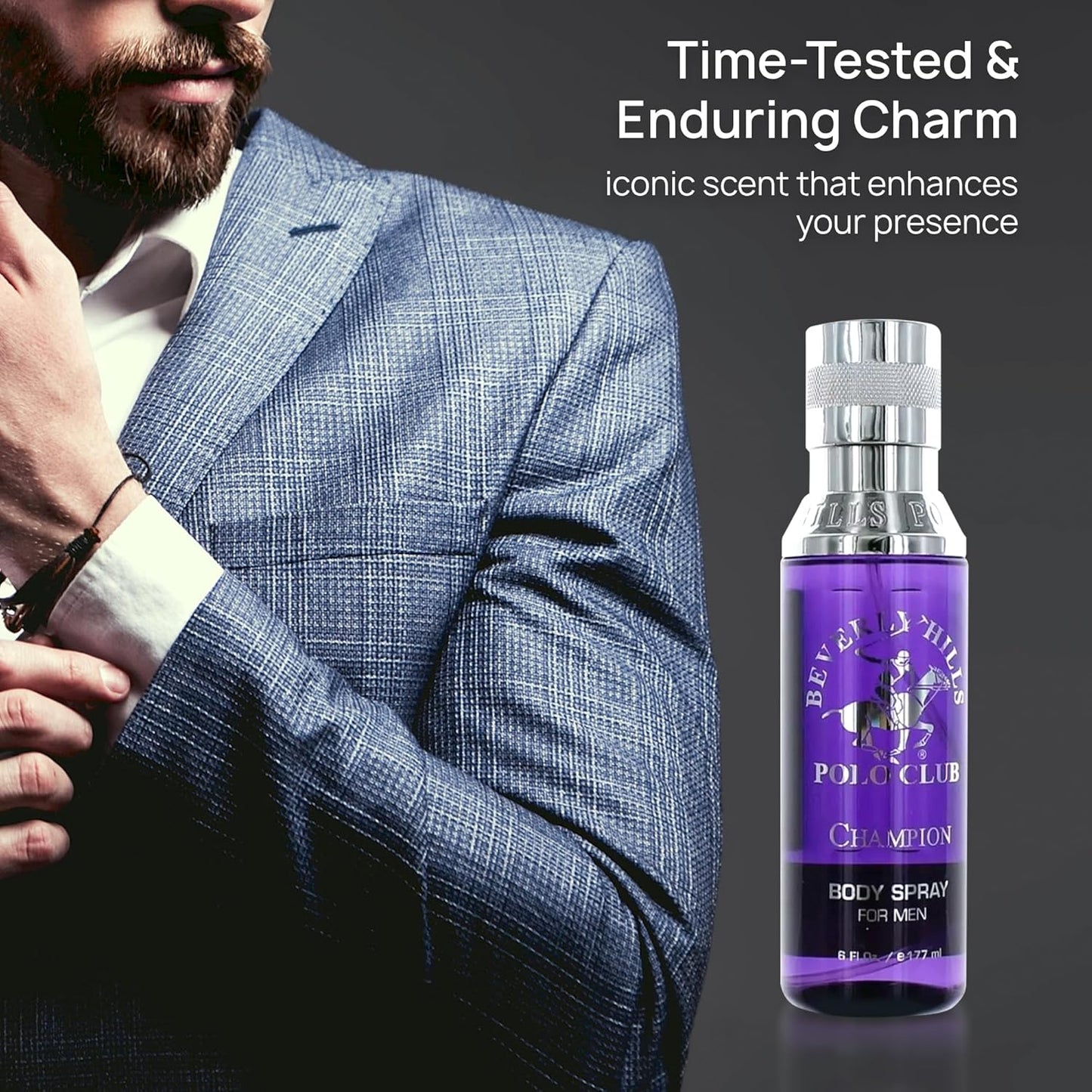 Beverly Hills Polo Club Body Spray for Men - BHPC Champion - Notes of Vanilla, Lily, Oakmoss & Patchouli - Long Lasting Body Mist Cologne Scent - Ideal Gift for Him, 6oz