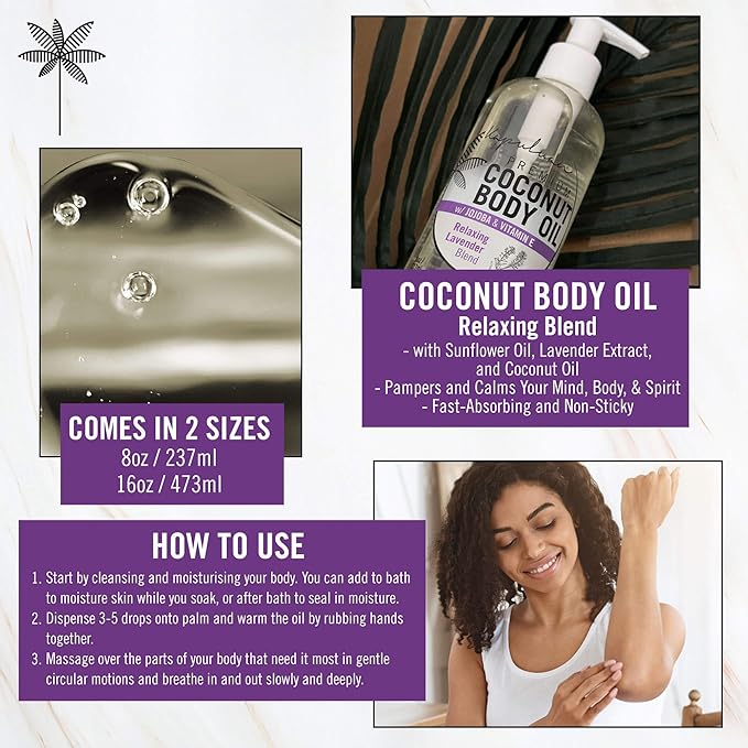 Massage Body Oil Relaxing Blend – Lavender Coconut Oil Blend for Stress Relief, Muscle Tension 8oz